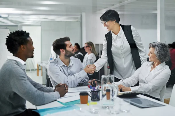 Merging Skills Heighten Success Businesspeople Shaking Hands Meeting Modern Office — Stockfoto