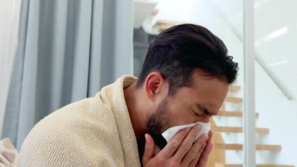 Sick Covid Virus Allergy Man Cold Flu Sinus Living Room — Vídeo de stock