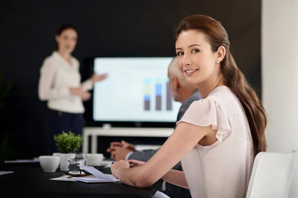 Success Ours Soon Portrait Young Businesswoman Sitting Boardroom Colleagues Background — Stockfoto