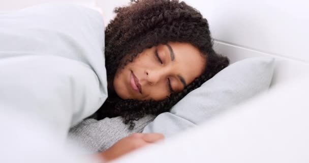 Young Black Woman Sleeping Bed Her Bedroom While Resting Having — Video Stock