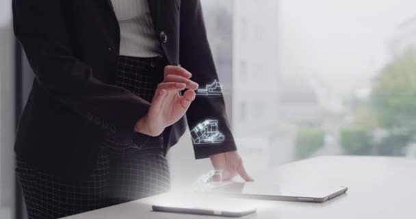 Hologram Architect Futuristic Smartphone Technology Engineer Woman Metaverse Erp Architecture — стоковое видео