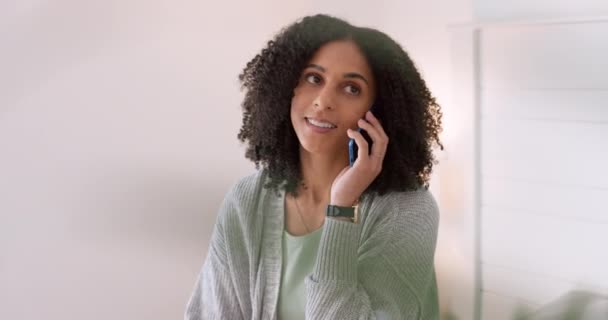 Happy Black Woman Talking Phone Call While Relaxing Bed Home — Vídeo de stock