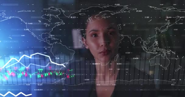 Stock Market Hologram Business Woman Analytics Report Financial Increase Profit — Stok Video