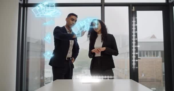 Future Touch Screen Technology Futuristic Engineering Designers Working Floor Plan — стоковое видео