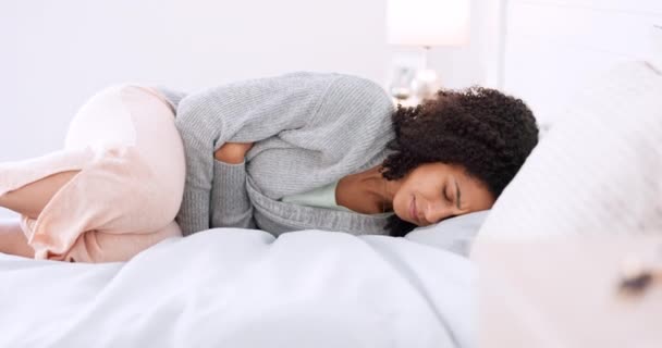 Period Menstruation Cramps Woman Bed Holding Her Stomach Pain Bedroom — Αρχείο Βίντεο