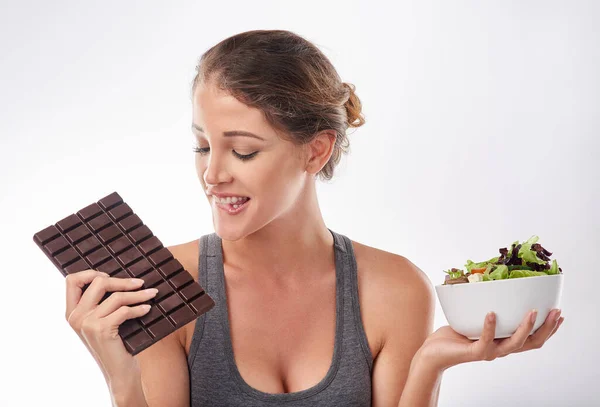 Shes Lover Chocolate Studio Shot Attractive Young Woman Being Tempted — Stock Photo, Image