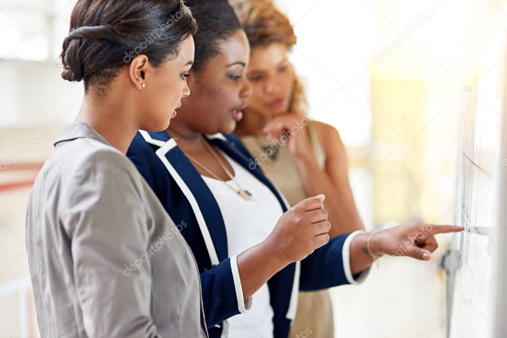 The make good ideas great. a group of female coworkers brainstorming together in an office