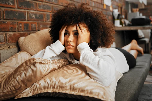 Depressed Sad Frustrated African Woman Thinking Idea Anxiety Problem Mental — Photo