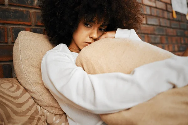 Sad Depressed Lonely Black Woman Mental Health Problems Hugging Pillow — стоковое фото