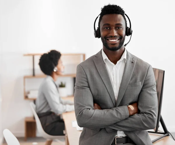 Call Center Customer Service Crm Consultant Wearing Headset Looking Happy — Stok fotoğraf