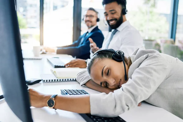 Burnout Tired Sleep Desk Call Center Employee Desk Customer Service — Stockfoto