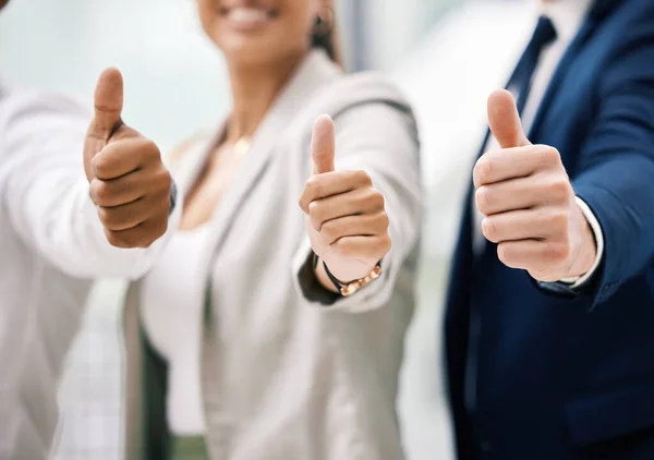 Thumbs up for corporate success, support with hand sign for business collaboration and thank you for partnership in work office. Team trust, employee motivation and diversity at startup company.