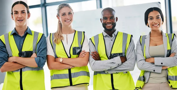 Diversity, teamwork and proud engineer or architect people in group, team or collaboration portrait for our vision, trust and motivation. Construction workers smile together for happy job or career.