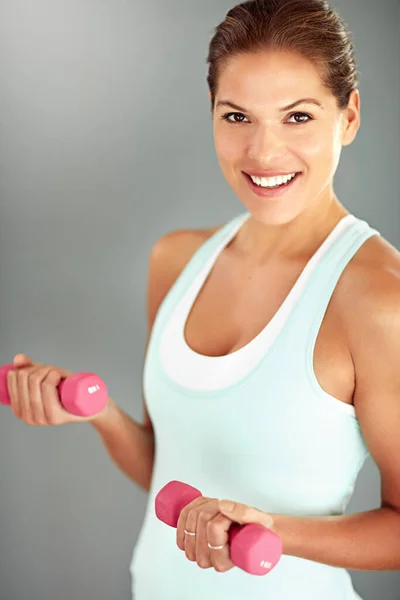 Lets Get Fit Young Woman Working Out Dumbbells Gray Background — Stock fotografie