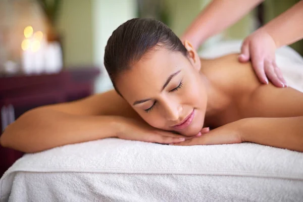 Taking Time Just Unwind Young Woman Enjoying Back Massage Spa — Stock Fotó