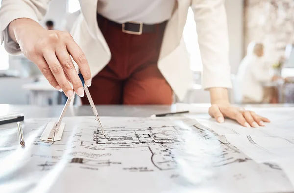 Building Blueprint Drawing Compass Woman Planning Planning Architect Engineer Project — Stockfoto