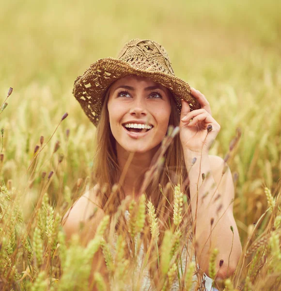 Adventure Awaits Young Woman Wheat Field — Stock Fotó