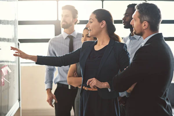 Strategy Teams Strength Young Businesspeople Discussing Ideas Whiteboard Meeting Office — Stok fotoğraf