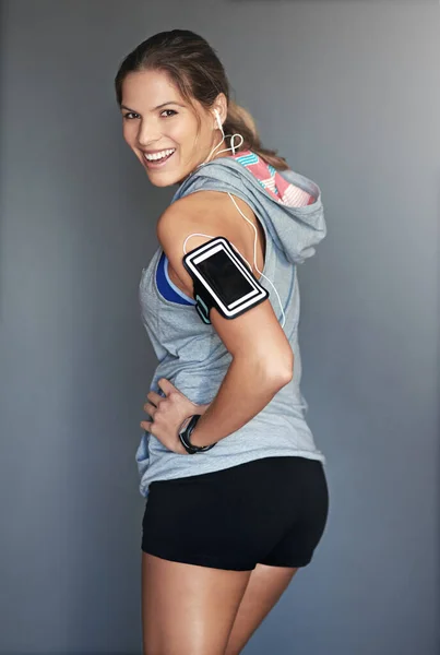 Sweat Your Fat Crying Portrait Sporty Young Woman Posing Gray — Fotografia de Stock