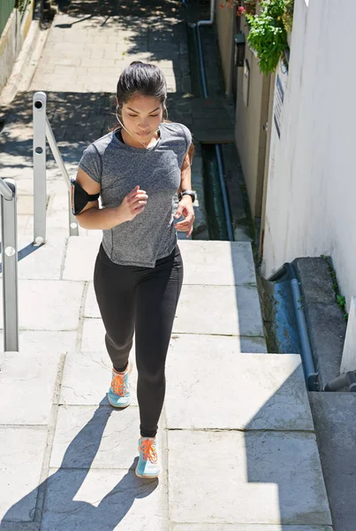 Stair Sprints Best Way Get Fit Fit Young Woman Running — Stock Photo, Image