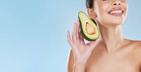 Avocado skincare, woman beauty and natural cosmetic wellness in healthy diet, feminine results and clean glowing skin on mockup blue background. Bodycare, nutrition and model, grooming and fresh face.