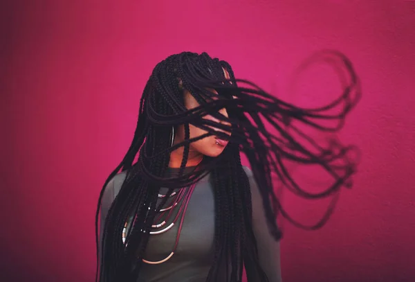 Shes Rocking Hairstyle Young Woman Braids Posing Pink Background — Zdjęcie stockowe