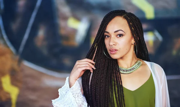 Beautiful Braids Cropped Portrait Attractive Young Woman Piercings — ストック写真