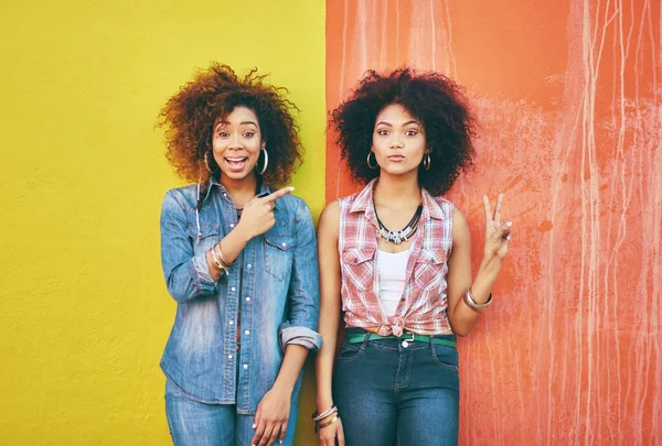 Shes Kind Crazy Portrait Two Young Friends Posing Colorful Background — Fotografia de Stock