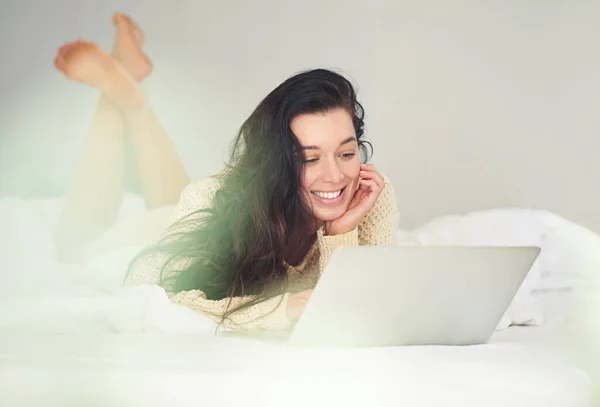 Adding New Content Her Blog Young Woman Using Her Laptop — Stock Fotó