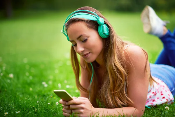 She Loves Her Music Young Woman Listening Music While Lying — Photo