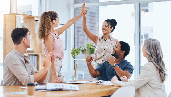 Business teamwork high five celebrate deal success, achievement and winner motivation working in startup agency. Happy company of people, employee collaboration and worker in support of excited goal.