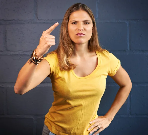 Cool Cropped Portrait Young Woman Looking Angry Brick Wall Background — Stockfoto