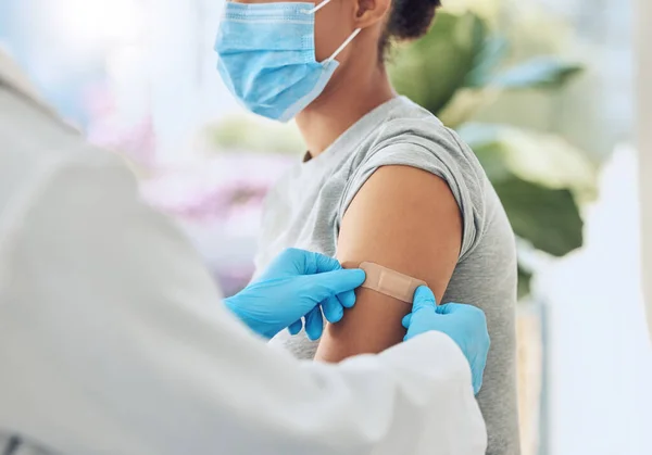 Covid Vaccine Medical Doctor Healthcare Nurse Hands Plaster Arm Medicine — Zdjęcie stockowe