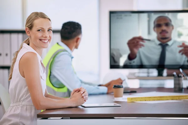 Architect Engineer Woman Virtual Video Call Meeting Office Boardroom Remote — Foto Stock