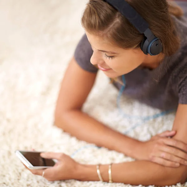 She Cant Day Music Young Woman Listening Music While Relaxing — Foto Stock