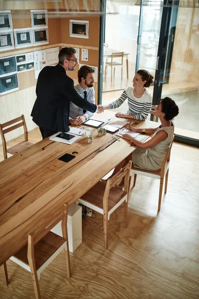 Brings Lot Experience Table Two Businesspeople Shaking Hands Office While — Foto Stock