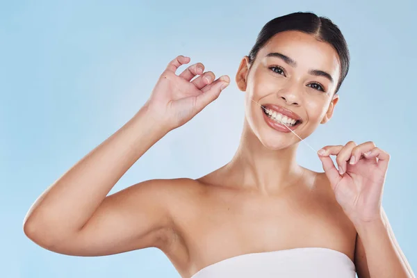 Oral Dental Flossing Woman Cleaning Teeth Studio Blue Background Mockup — Foto Stock