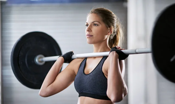Training Champion Young Woman Working Out Barbell Gym — Stok fotoğraf