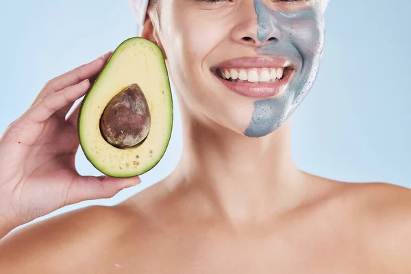 Skincare, beauty and woman with avocado face mask peel for diy home beauty salon facial treatment. Girl with organic food product or fruit mask for health, wellness or cosmetic spa skin acne cleaning.