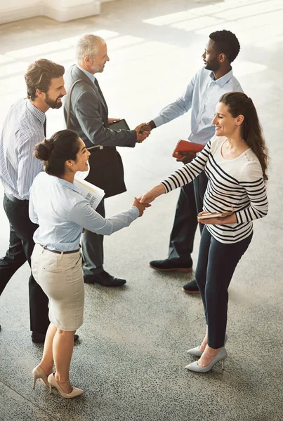 Agreeing Business Together High Angle Shot Businesspeople Shaking Hands While — Stockfoto
