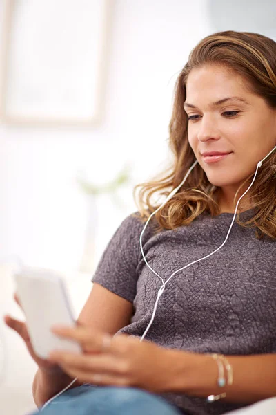 Choosing Perfect Playlist Young Woman Listening Music While Relaxing Home — Stockfoto