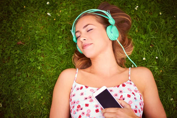 Find Your Freedom Music Young Woman Listening Music While Lying — Foto de Stock