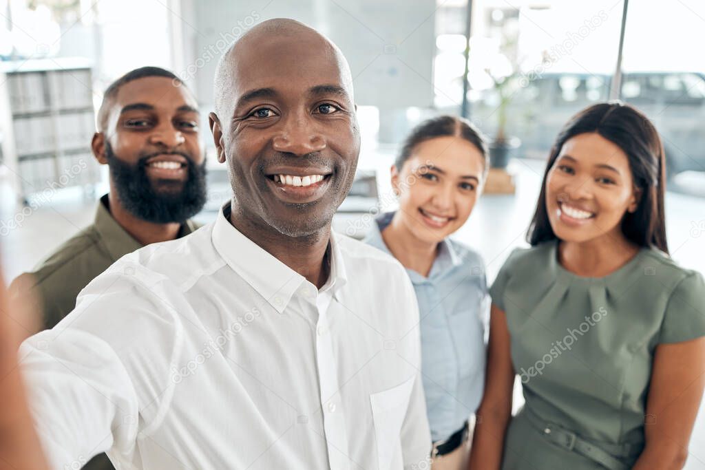 Group selfie at office, working employees smile and corporate teamwork. Company diversity, business people collaboration and happy staff. Professional workplace, together career and community success.