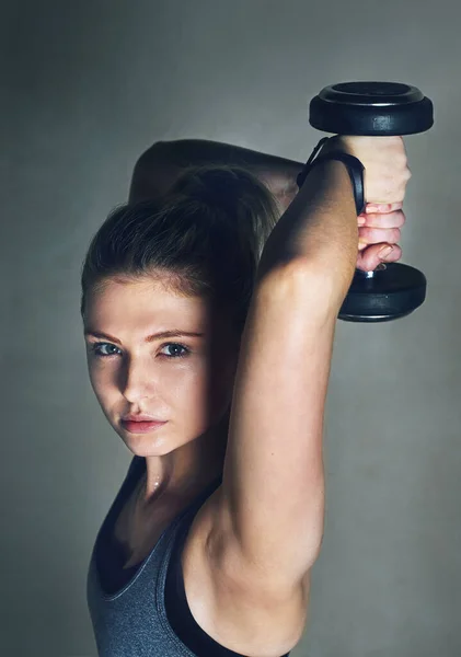 Wow Means Woman Weights Young Woman Lifting Dumbbells Grey Background — Φωτογραφία Αρχείου