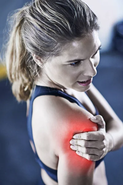 Sore Most Satisfying Pain Young Woman Holding Her Injured Shoulder — Foto de Stock