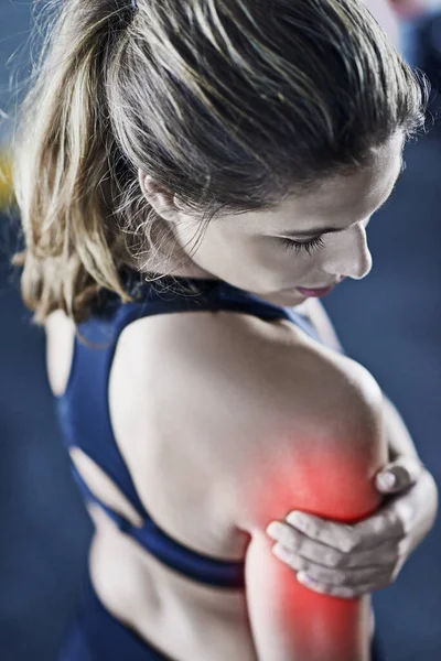 Better Sore Sorry Young Woman Holding Her Injured Shoulder Thats — Foto de Stock