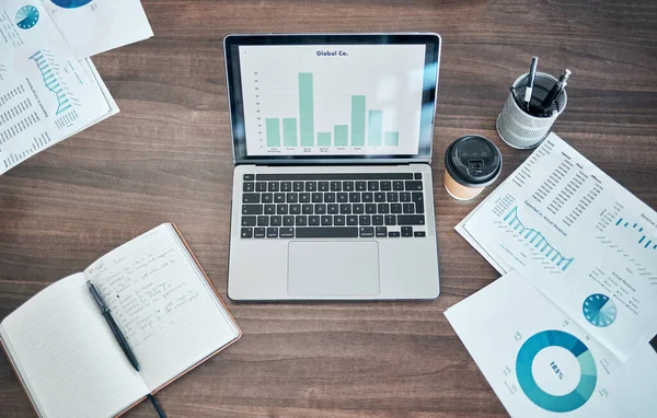 Business Planning Finance Marketing Laptop Office Table Desk Social Media — стоковое фото