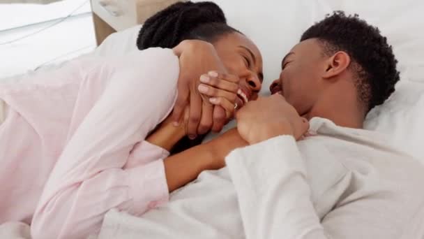 Couple Smile Happy Hug While Bed Together Morning Young Relax — Stockvideo
