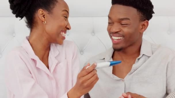 African Couple Reading Pregnancy Test Excited Baby Home Smile Pregnant — Stockvideo