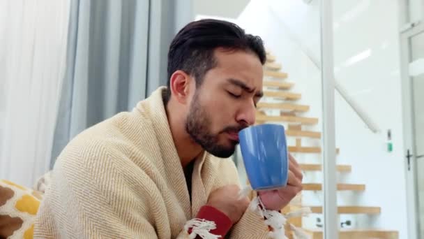 Sick Covid Flu Cold Man Drinking Ginger Tea Cure Sad — Stockvideo